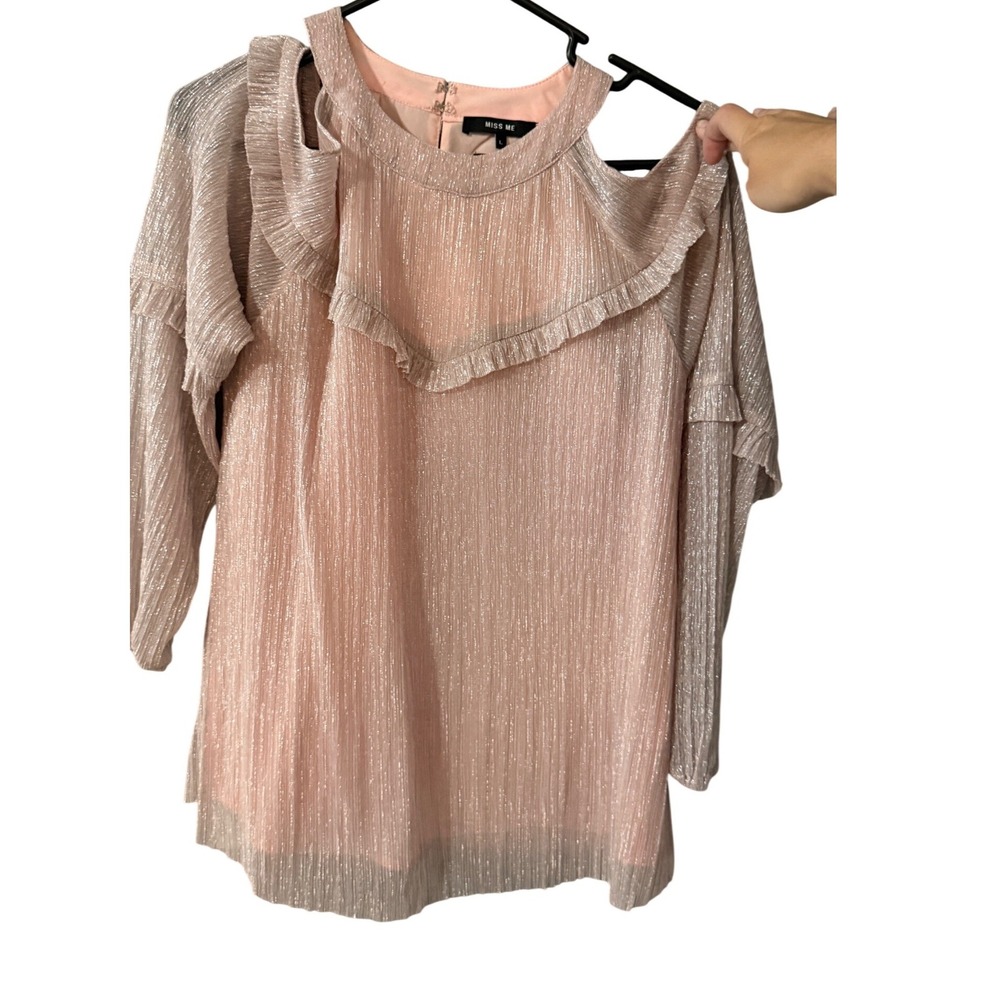 Miss Me Womens Metallic Pink Plisse Cold Shoulder Ruffle Top Fairy‎ Swifty Large